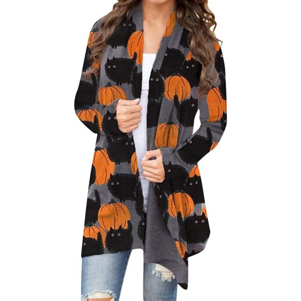 Women's Halloween Cat Pumpkin Knit Cardigan Long Sleeve Open Front Sweater
